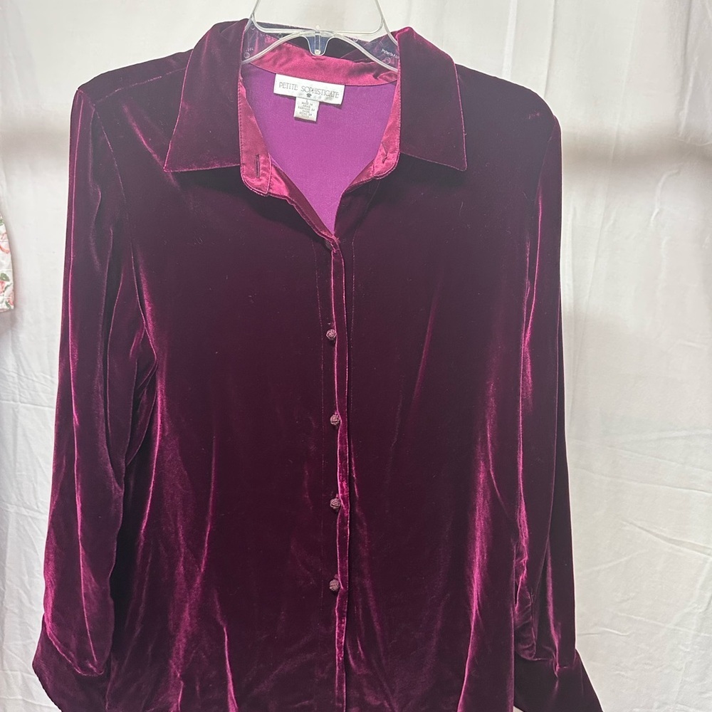 Petite Sophisticate Deep Purple Velvet Button Down Shirt